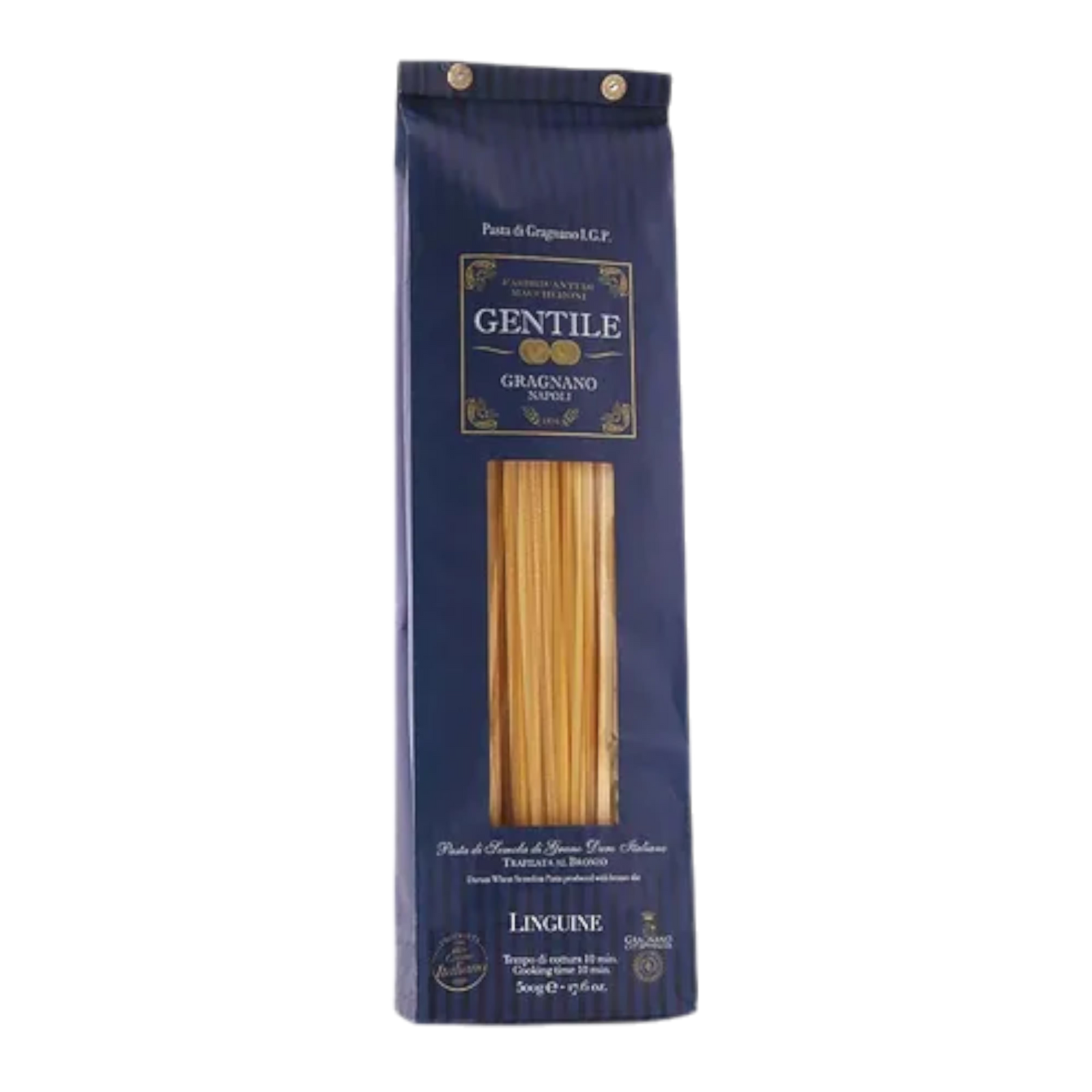 Gentile linguine pasta package with blue background