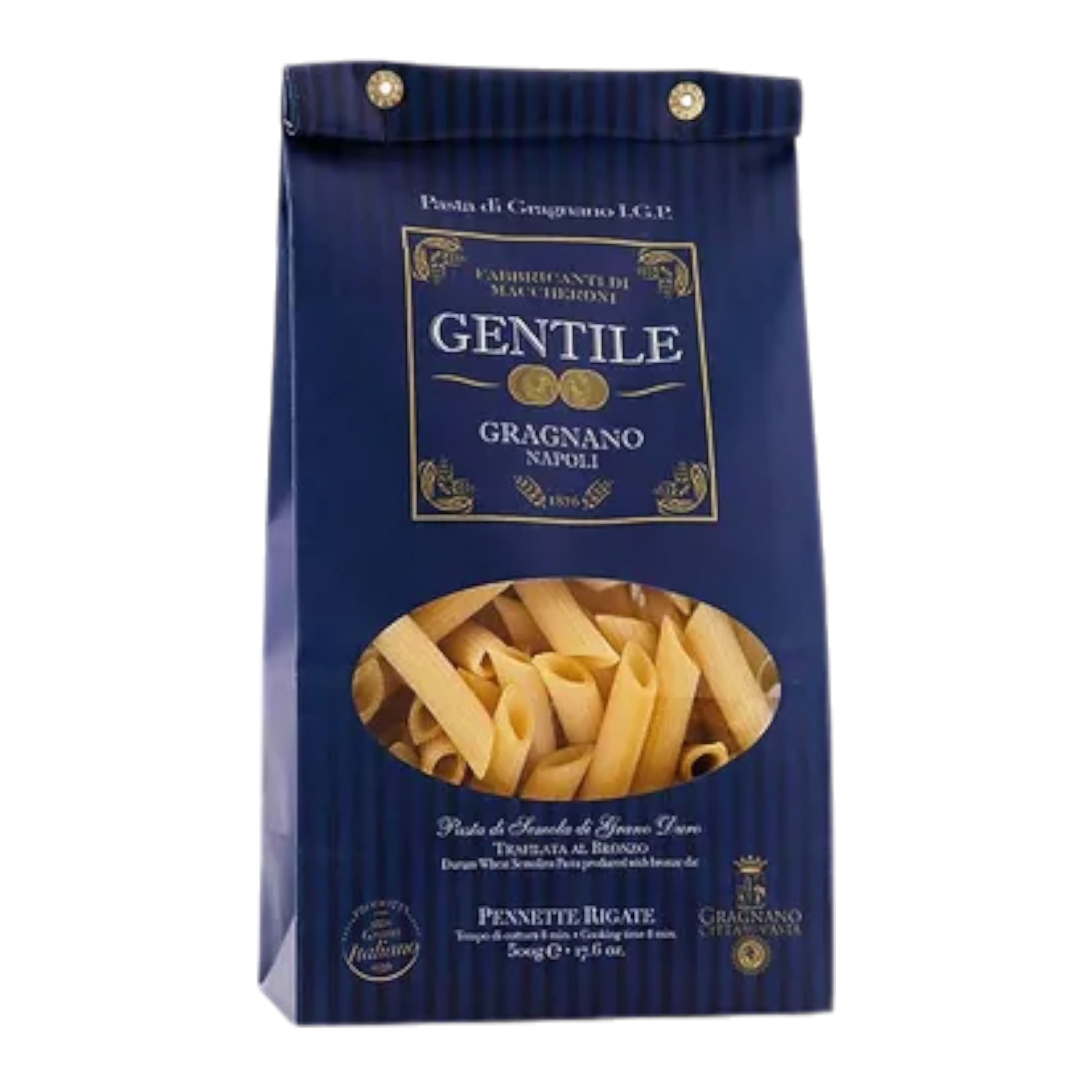 Gentile penne pasta in blue packaging