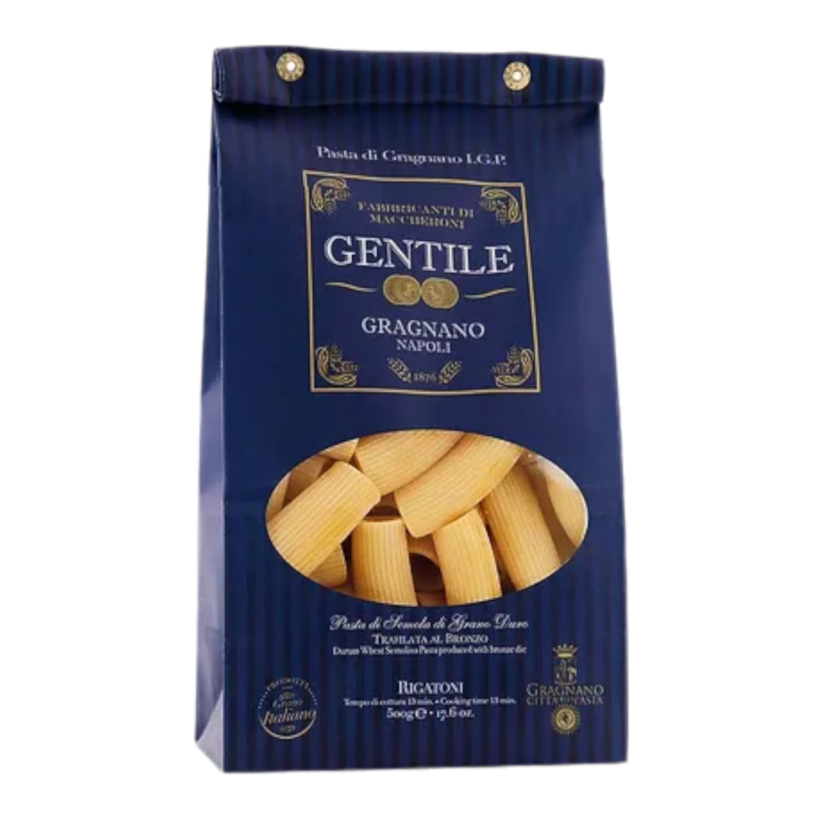 A bag of Gentile dried rigatoni pasta on a white background