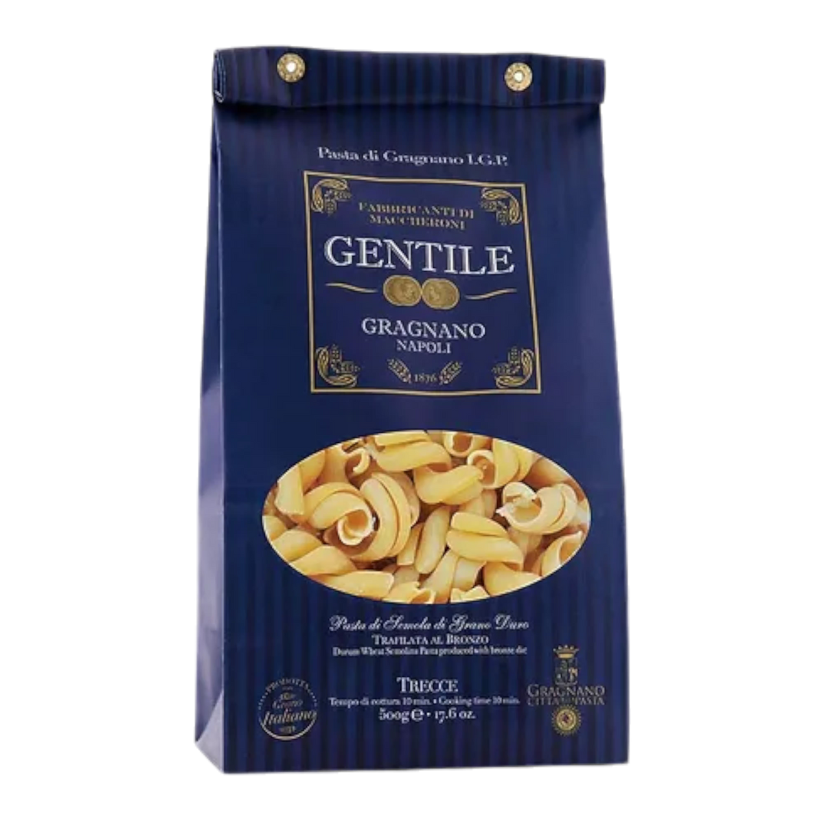 Gentile pasta packaging with brand logo and product image on a blue background