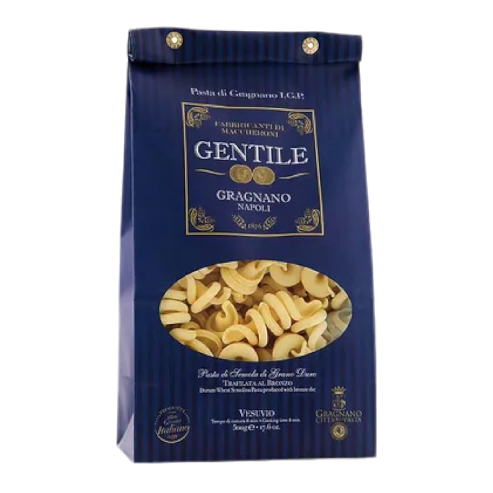 Gentile pasta packaging with brand logo and product image on a blue background