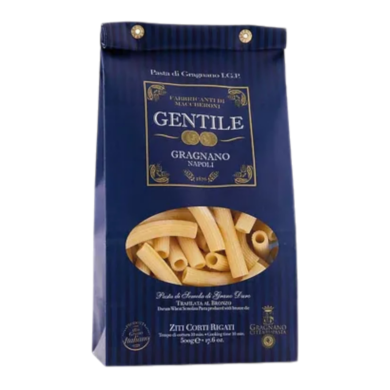 A bag of dried Gentile Ziti Corta Rigati pasta on a white background