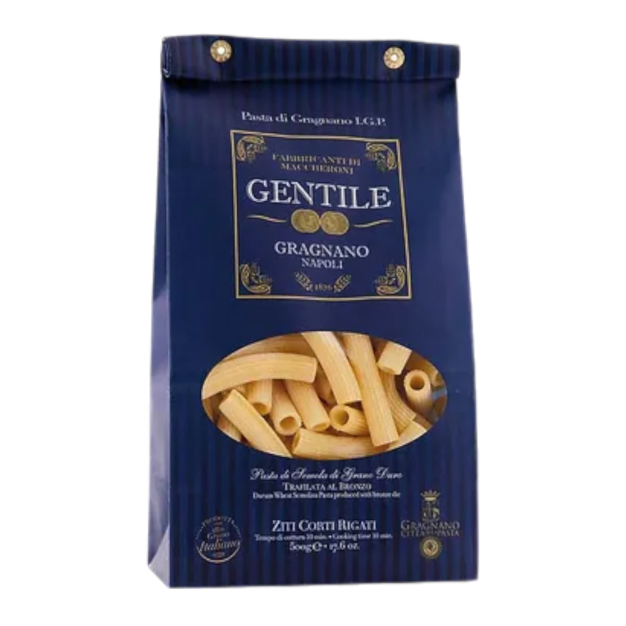 A bag of dried Gentile Ziti Corta Rigati pasta on a white background