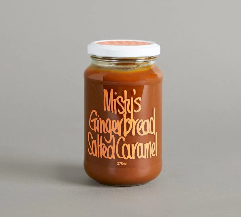 Jar of Misty's Gingerbread Salted Caramel on a gray background