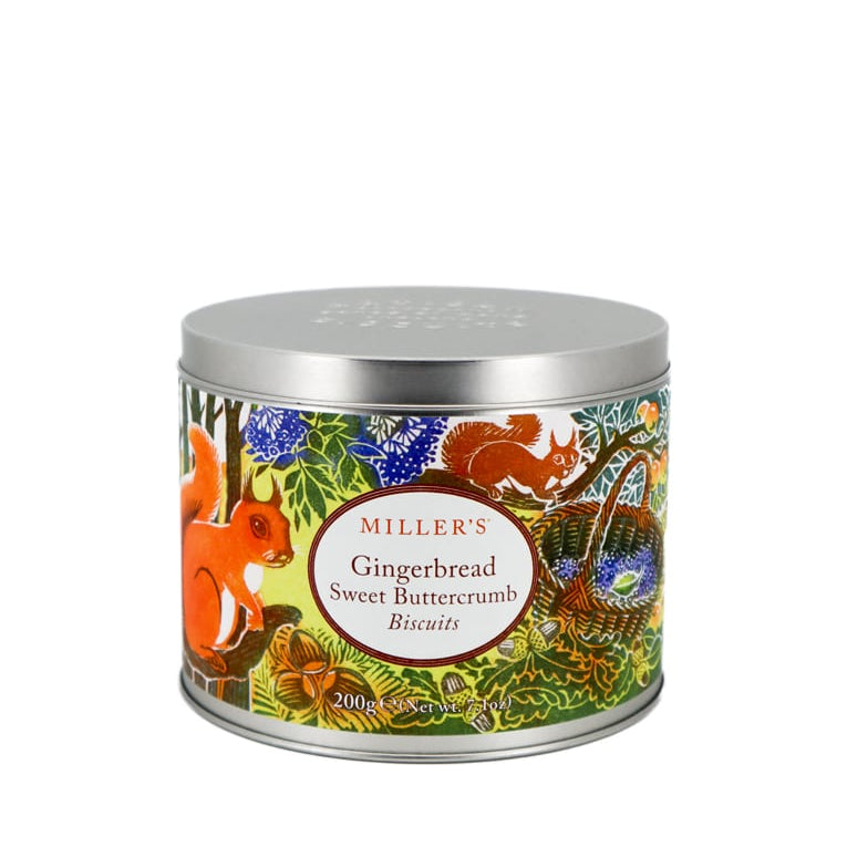 Decorative tin of Miller's Gingerbread Sweet Buttercrumb Biscuits with a squirrel design on a white background.
