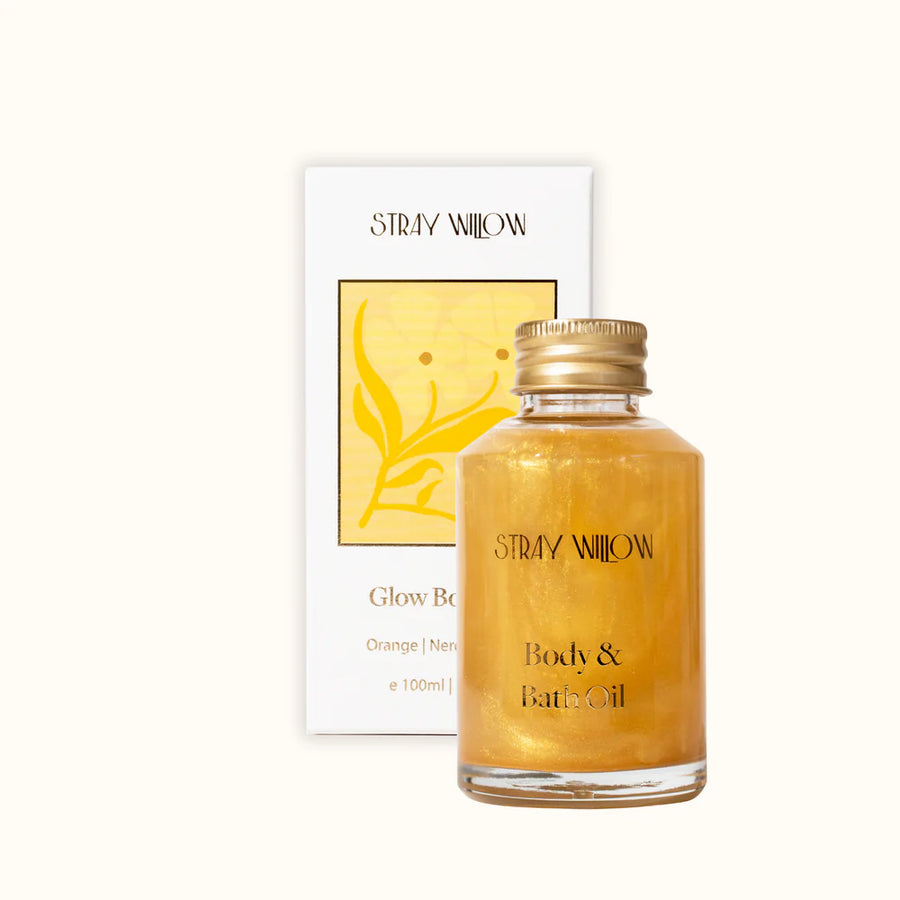 Stray Willow body and bath oil with packaging on a white background