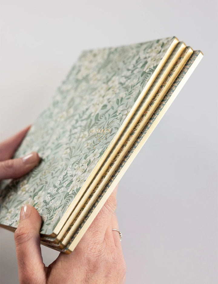 Hand holding a green notebook with gold edges against a gray background