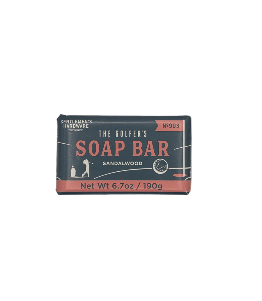 Soap bar packaging with 'The Golfer's Soap Bar' branding on a light gray background
