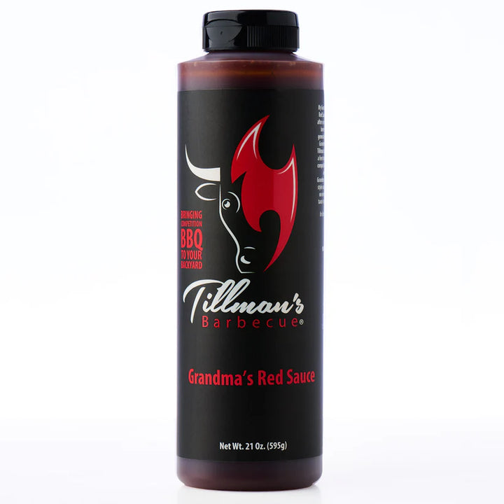 Bottle of Tillman's Barbecue Grandma's Red Sauce on a white background