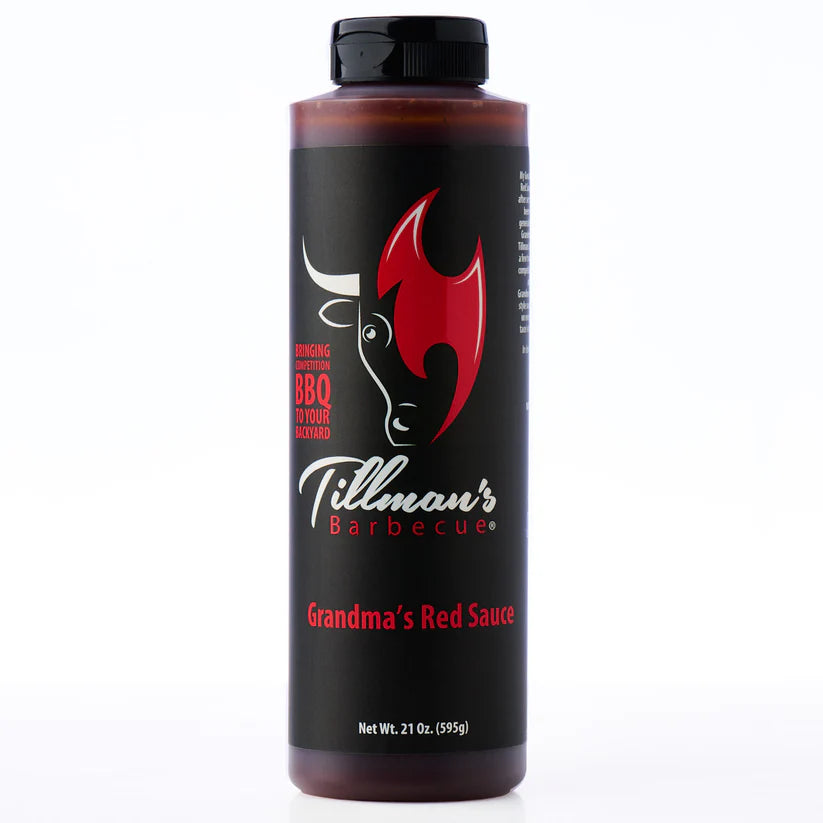 Bottle of Tillman's Barbecue Grandma's Red Sauce on a white background