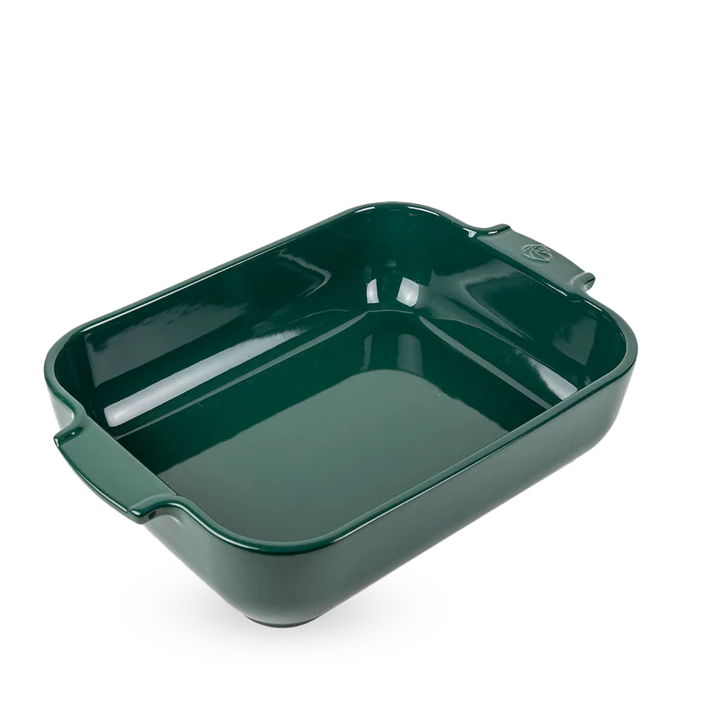 Green rectangular baking dish on a white background