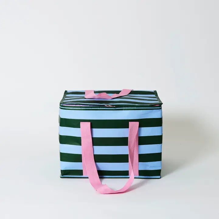 Striped storage box with pink handles on a white background