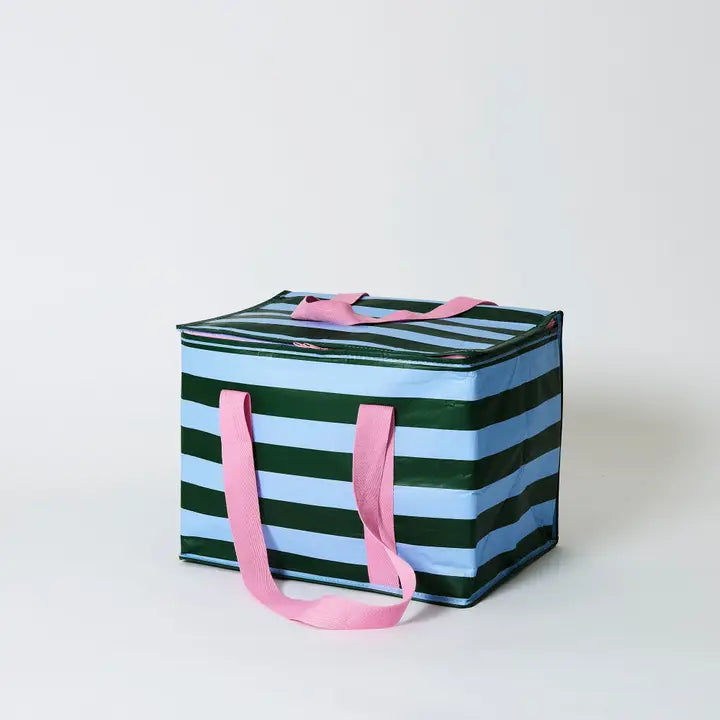 Striped storage bag with pink handles on a white background