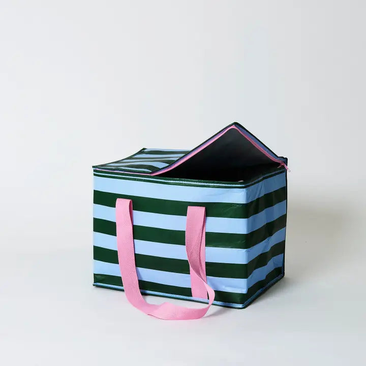 Large Insulated Tote: Green & Blue Stripe
