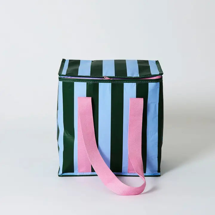 Striped bag with pink handle on a white background