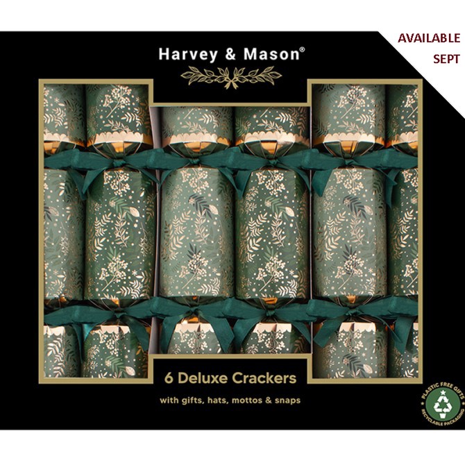 Packaging of Harvey & Mason deluxe crackers with decorative design.