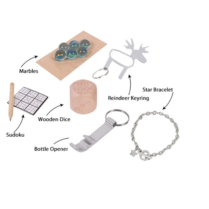 Collection of items including marbles, wooden dice, Sudoku board, bottle opener, reindeer keyring, and star bracelet on a white background.