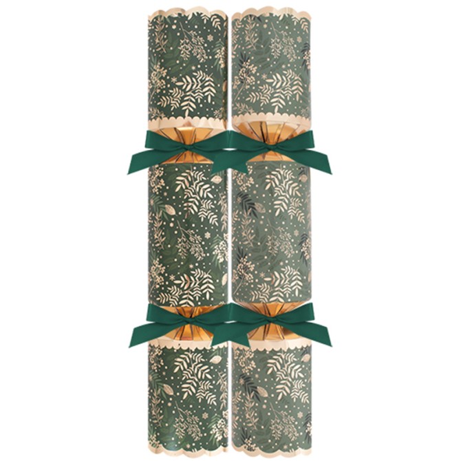 Set of two Christmas crackers with green ribbons on a white background