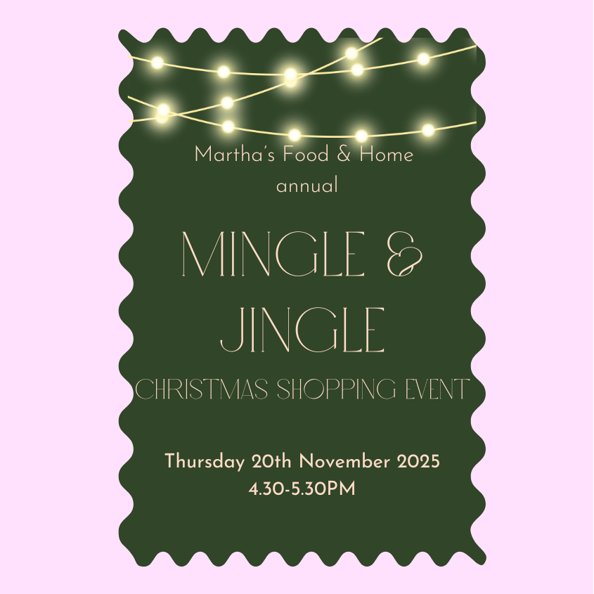 Invitation card for 'Mingle & Jingle' Christmas shopping event with string lights on a green border against a pink background.