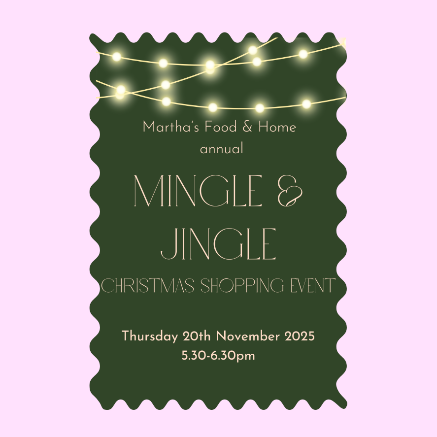 Invitation card for 'Mingle & Jingle' Christmas shopping event with string lights on a green border against a pink background.