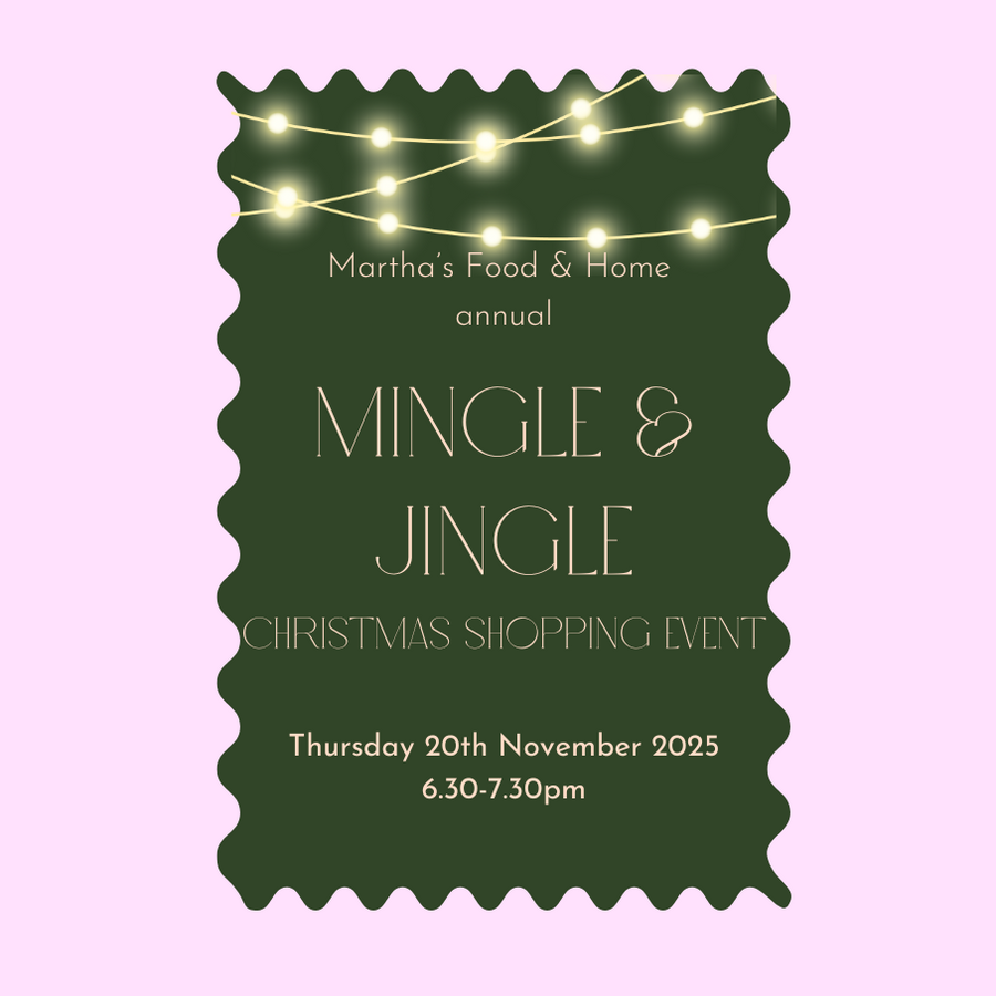 Invitation card for 'Mingle & Jingle' Christmas shopping event with string lights on a green border against a pink background.