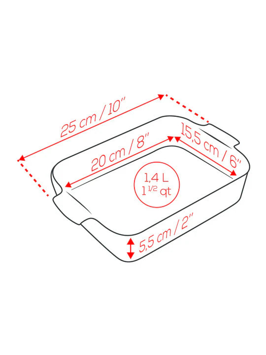 Measurement chart of a rectangular baker with dimensions in centimeters and inches.