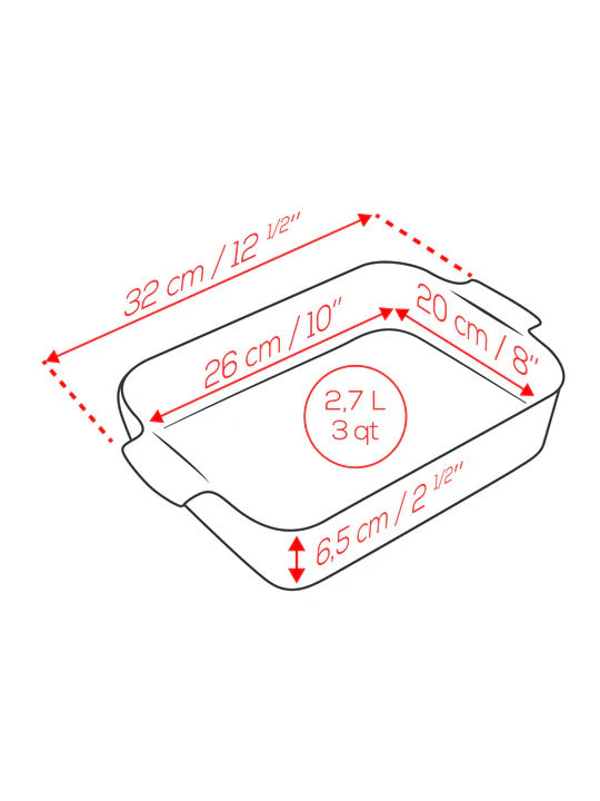 Measurement chart of a baking dish with dimensions in centimeters and inches.