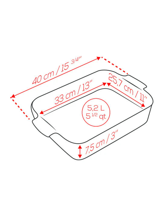 Measurement chart of a rectangular ceramic baking dish with dimensions in centimeters and inches.