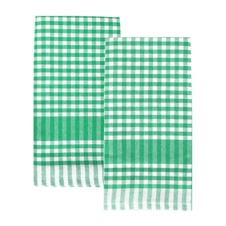 Two green and white gingham napkins on a white background