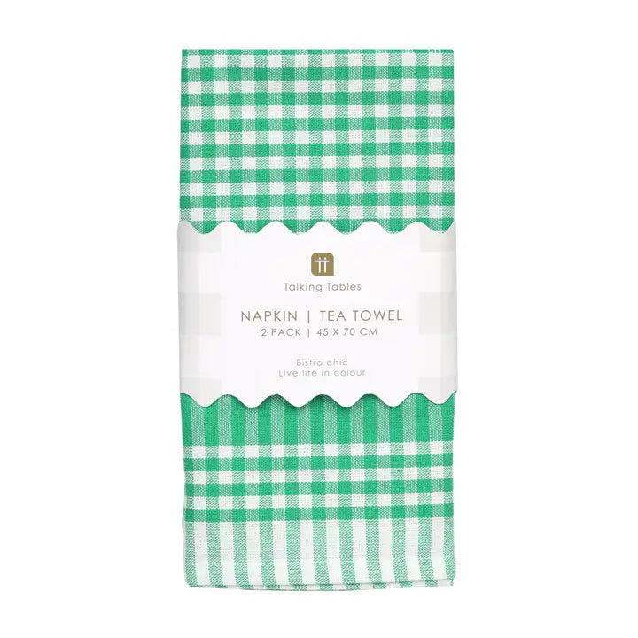 Green and white checkered tea towel packaging on a white background