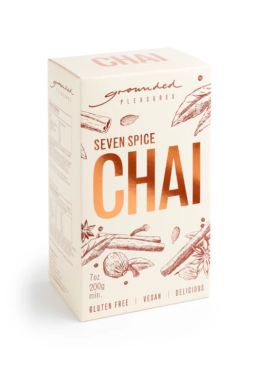Box of Seven Spice Chai with illustrations on a white background