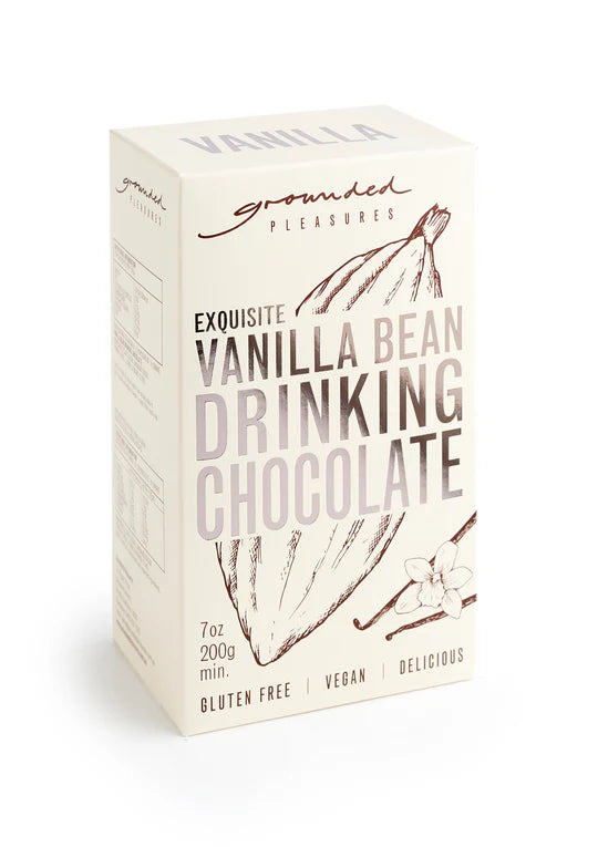 Box of vanilla bean drinking chocolate on a white background