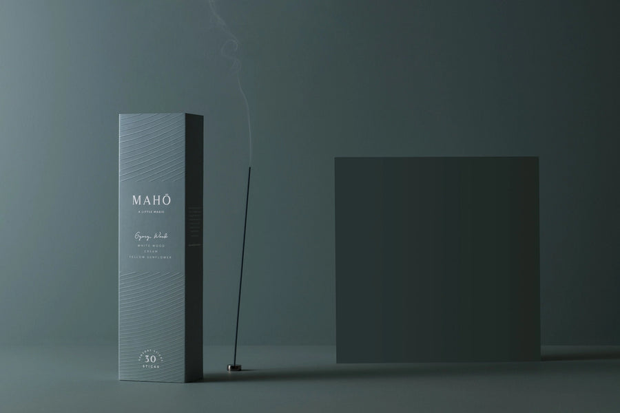 MAHO incense packaging with an incense stick on a dark background