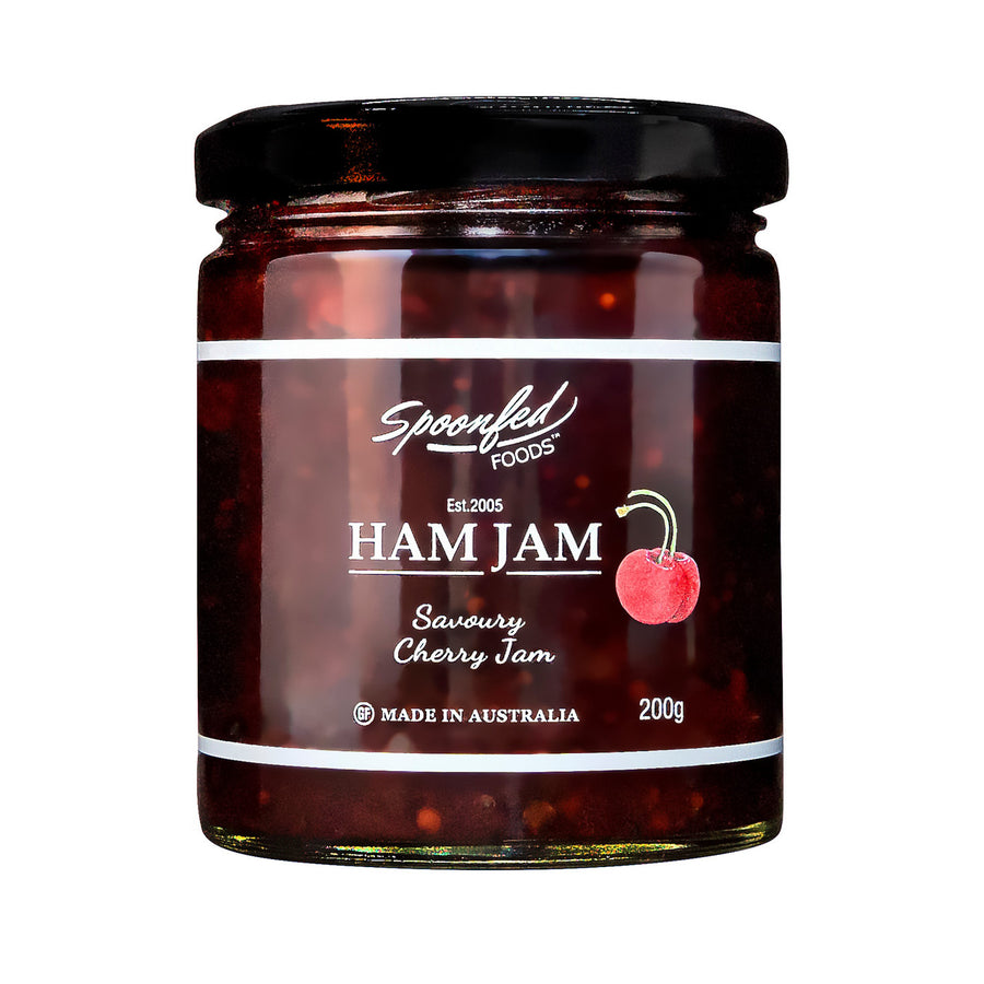 Jar of Spoonfed Foods Ham Jam on a white background
