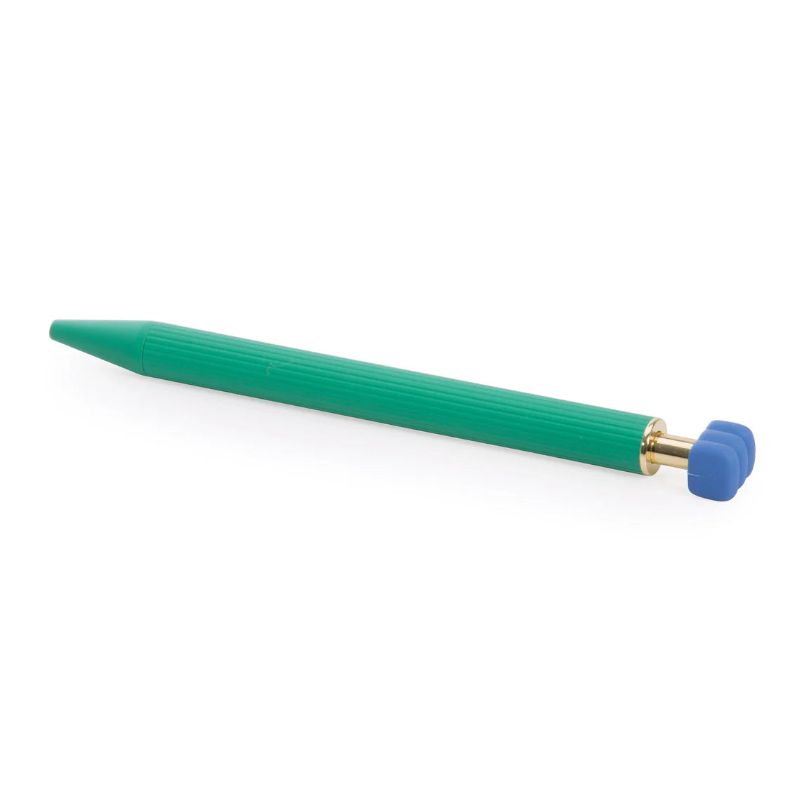 Green pen with a blue push button on a white background