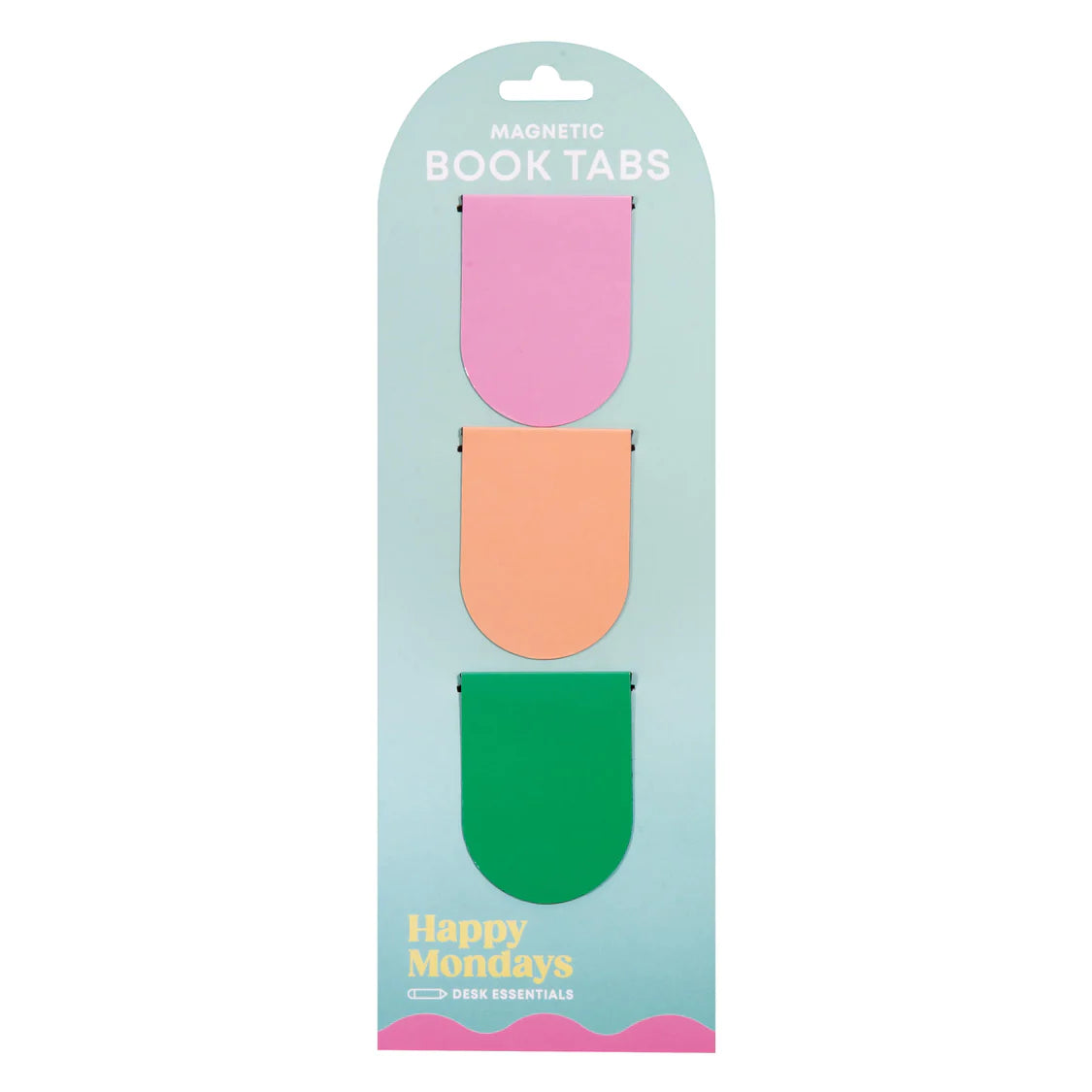 Packaging of magnetic book tabs with pink, orange, and green tabs on a light blue background.
