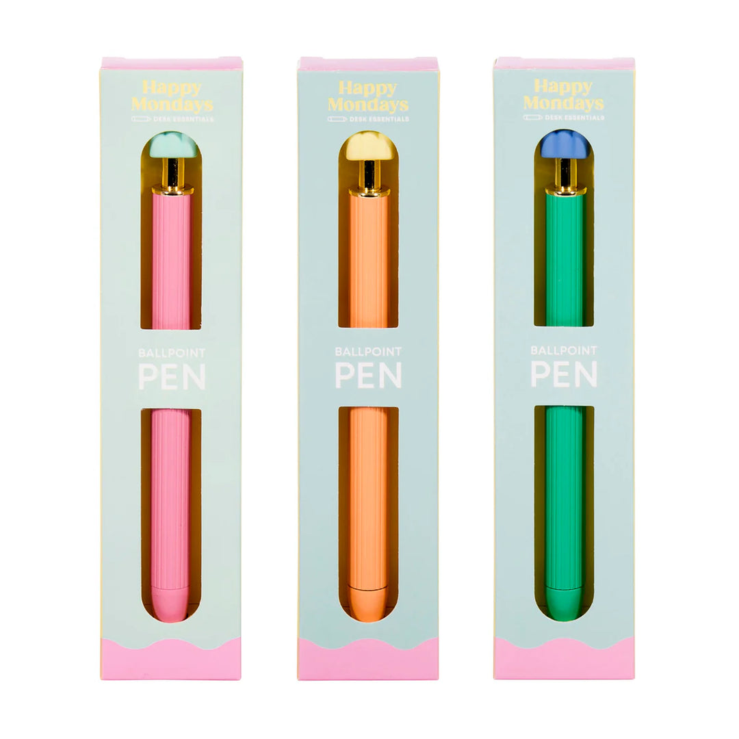 Three colorful pens in their packaging on a white background