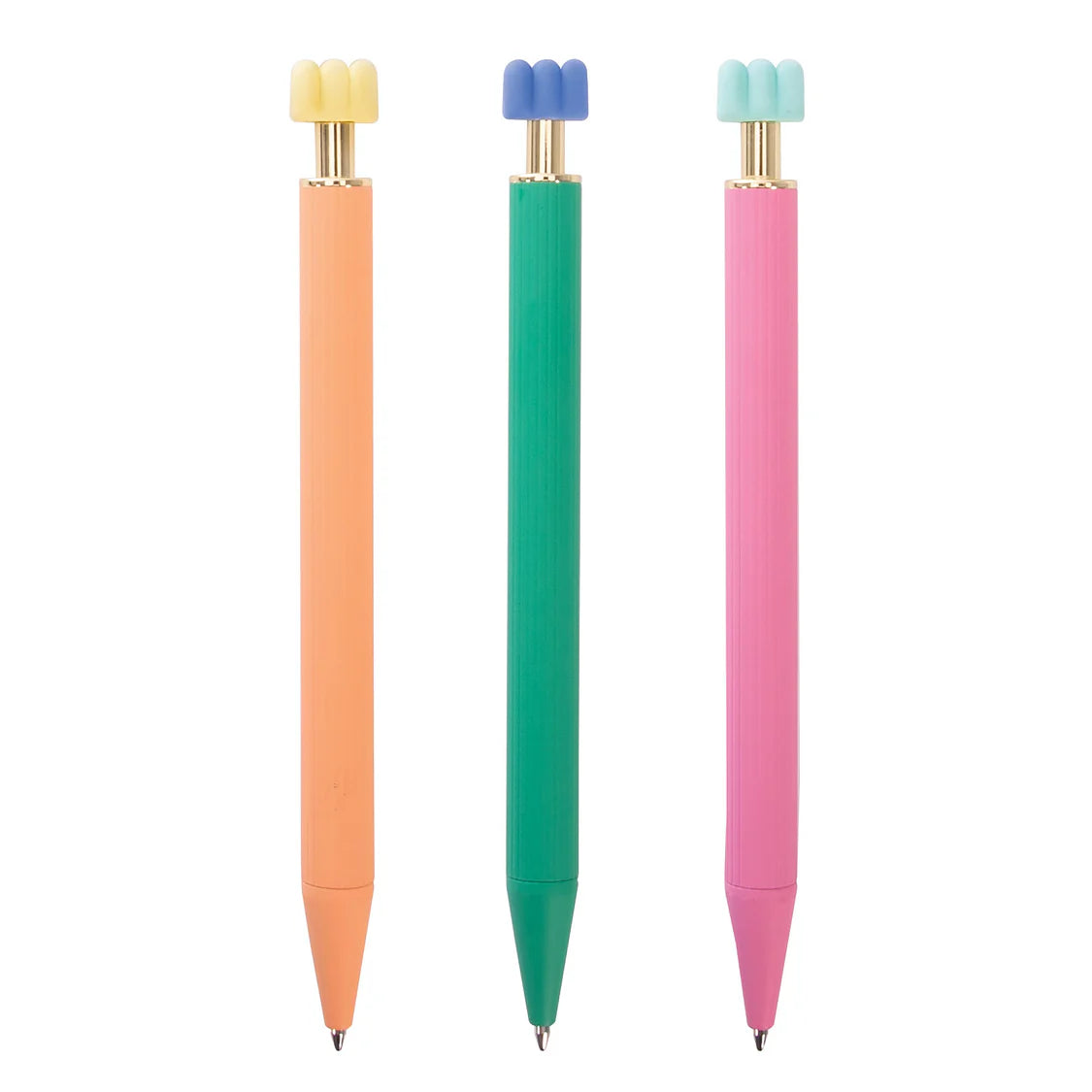 Three colorful pens with unique pen tips on a white background