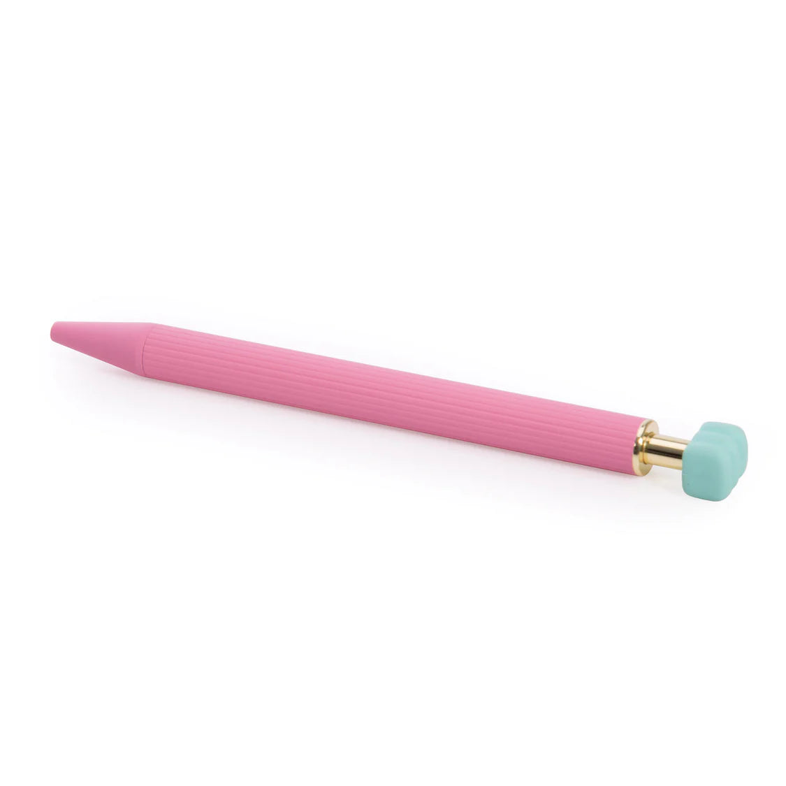 Pink pen with a gold clip and light blue cap on a white background
