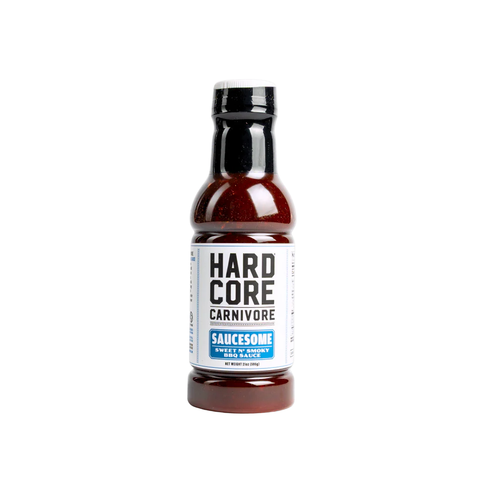 Bottle of Hardcore Carnivore Saucesome sauce on a white background