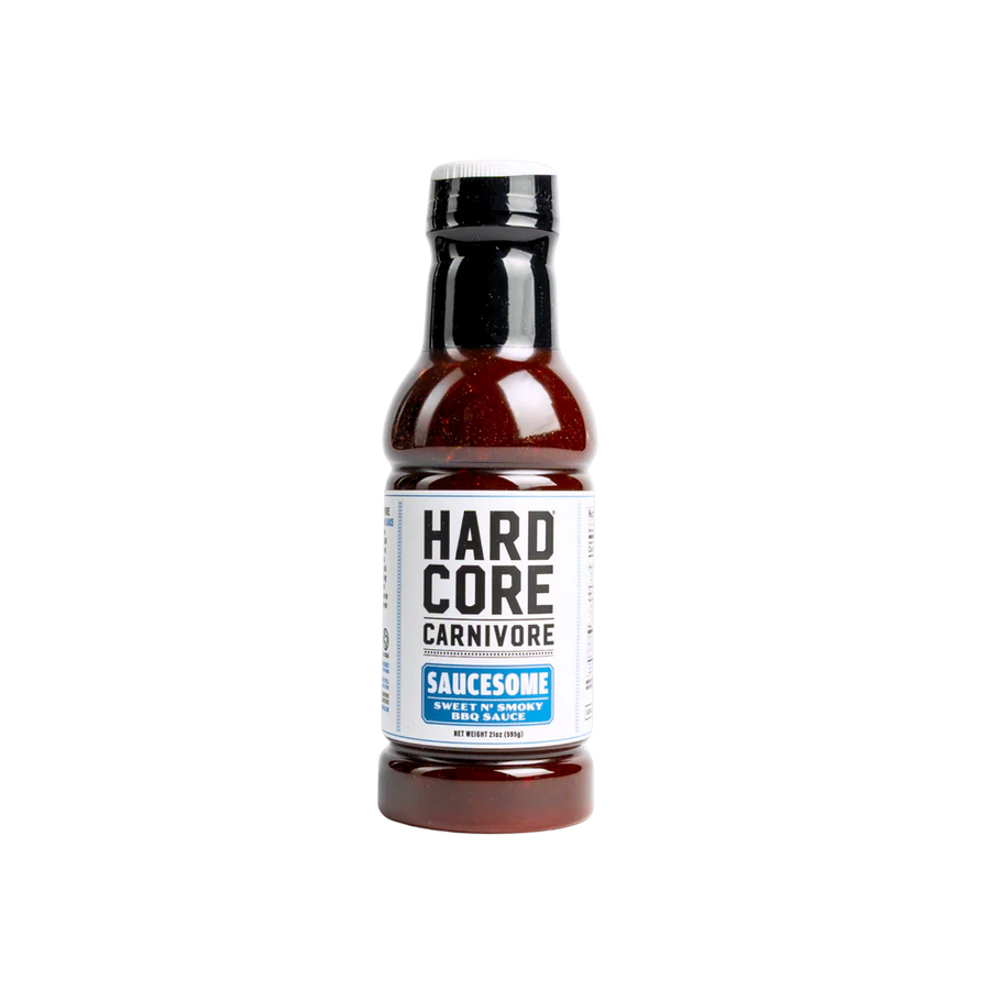 Bottle of Hardcore Carnivore Saucesome sauce on a white background