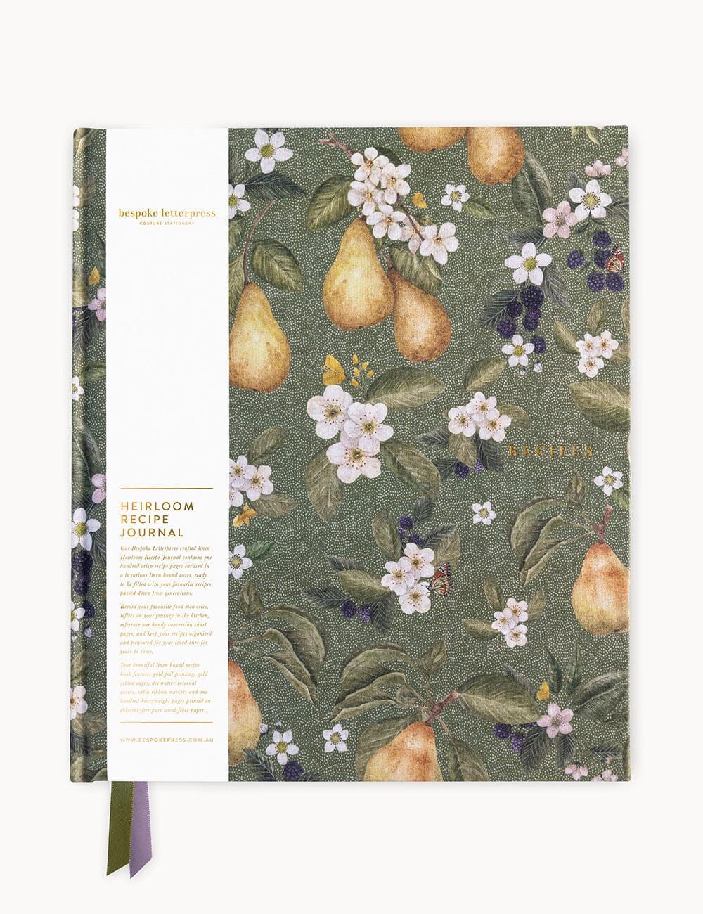 Floral and fruit patterned recipe journal with a green background