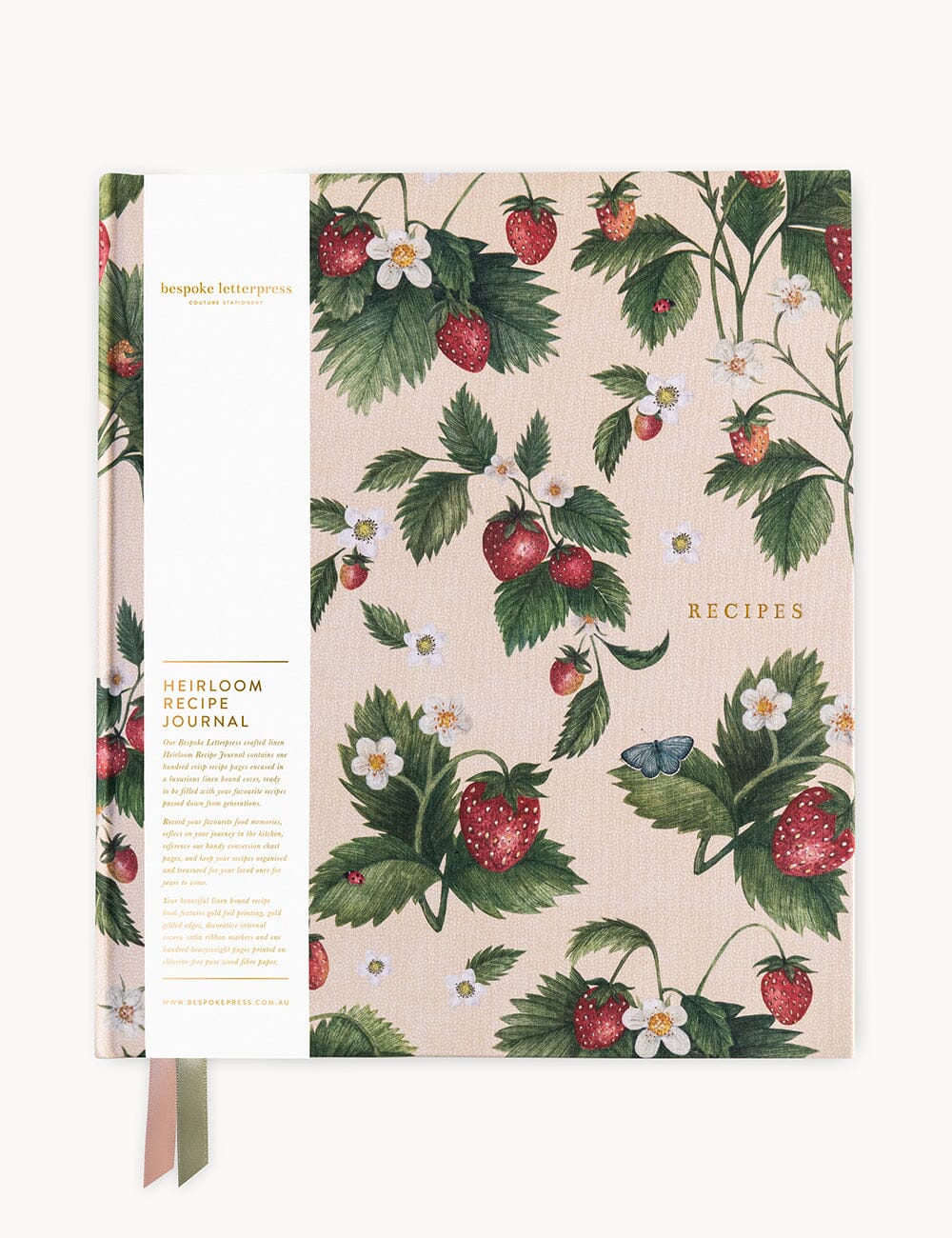 Herbaceous Strawberry recipe journal with strawberry pattern on a beige background