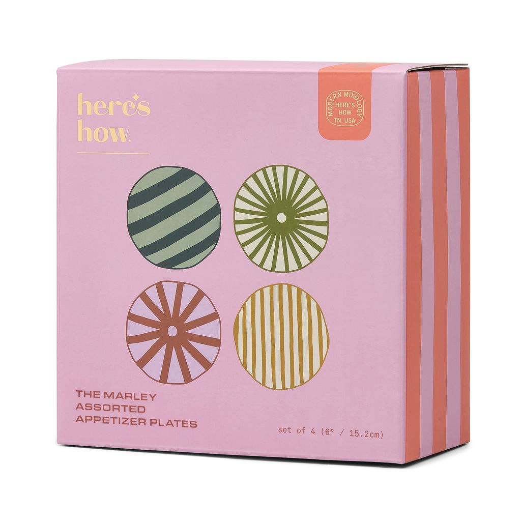 Here's How appetizer plate set in a pink box on a white background