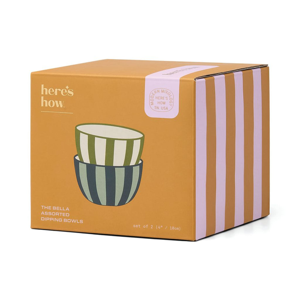 Set of 2 dipping bowls with stripes in a box on a white background