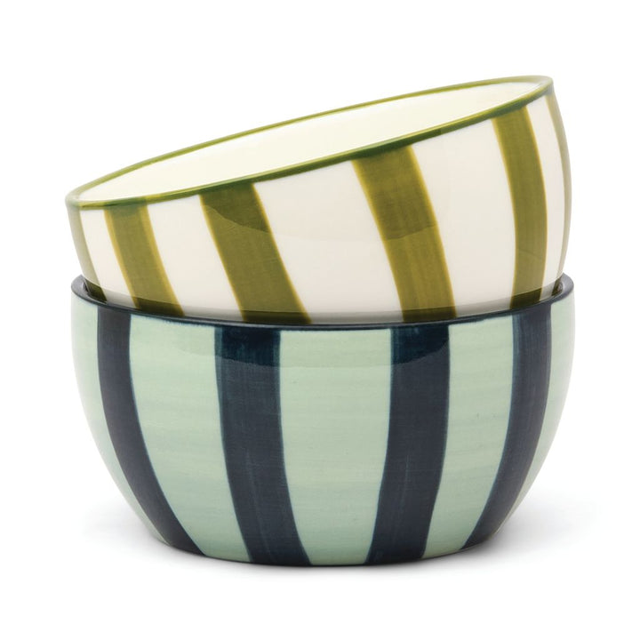 Set of 2 dipping bowls with stripes on a white background