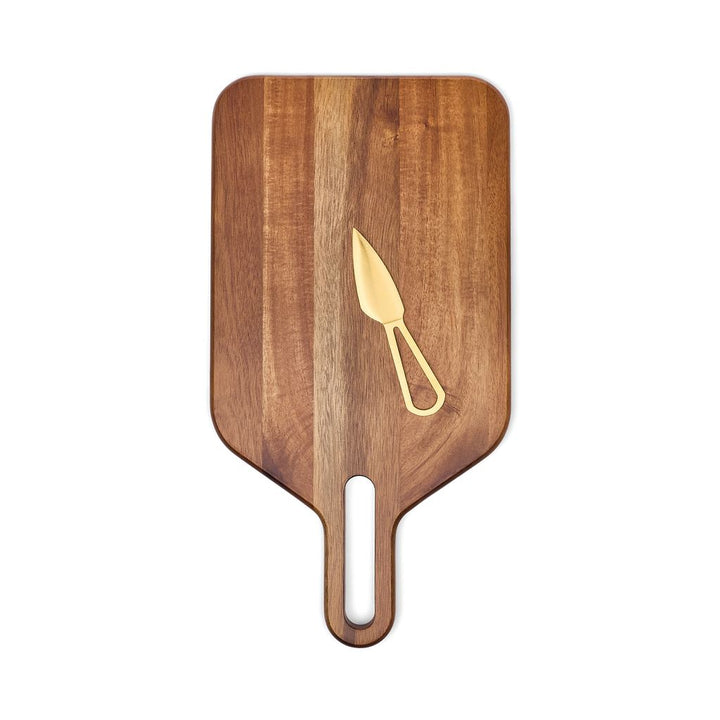 Timber cheese board with a gold cheese knife on a white background