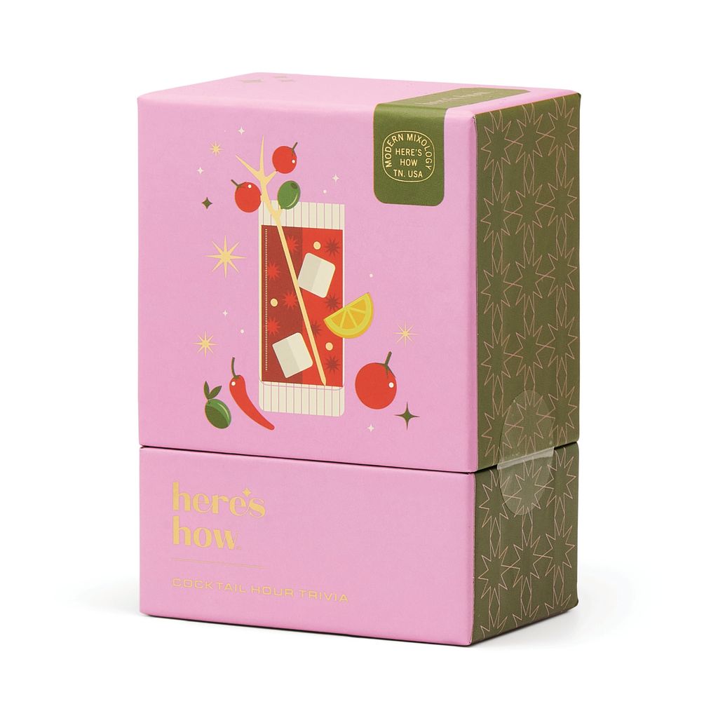 Cocktail hour trivia game in a box on a white background