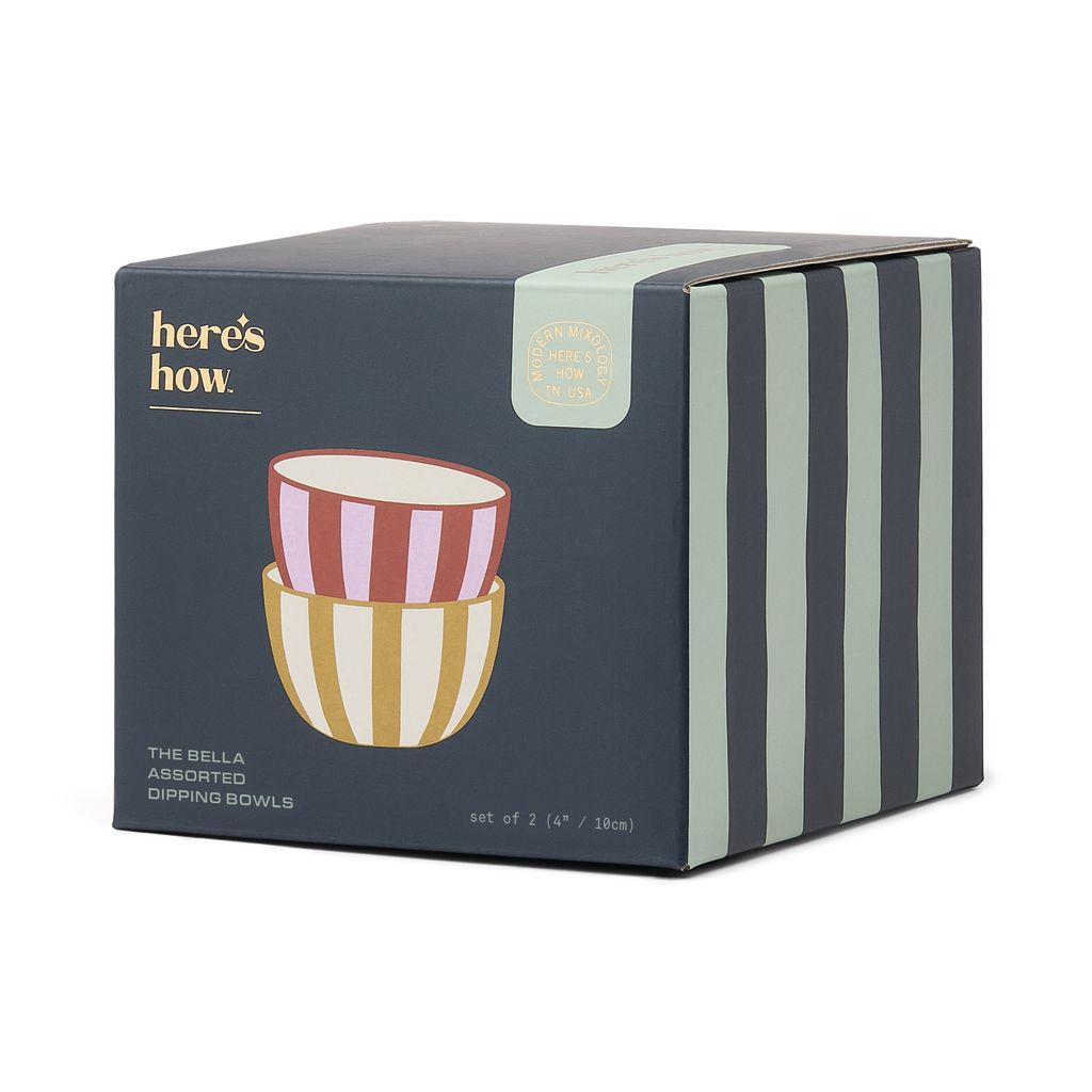 Set of 2 dipping bowls with stripes in a box on a white background