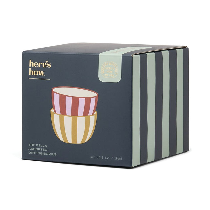 Set of 2 dipping bowls with stripes in a box on a white background